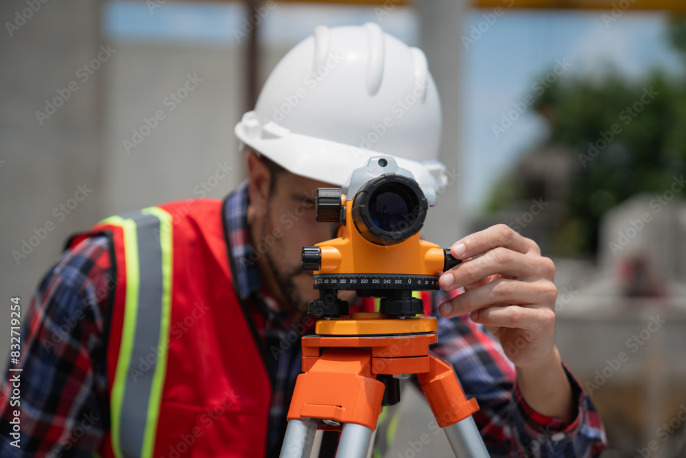 Civil or construction engineer using a survey camera, or an engineer with an auto level camera.