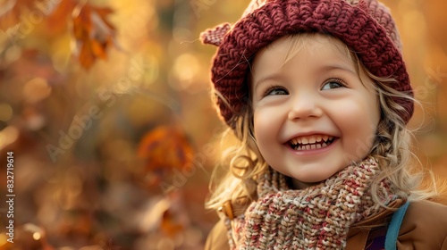 Little girl smiling wearing a red hat and scarf  surrounded by fall leaves.