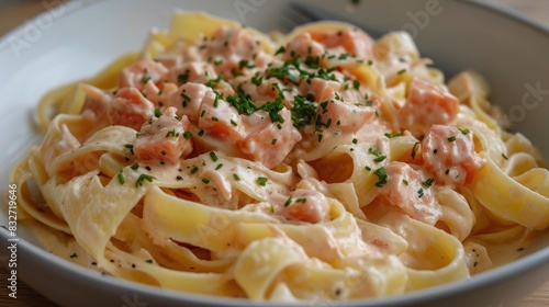 Creamy tagliatelle pasta with homemade salmon sauce without individuals