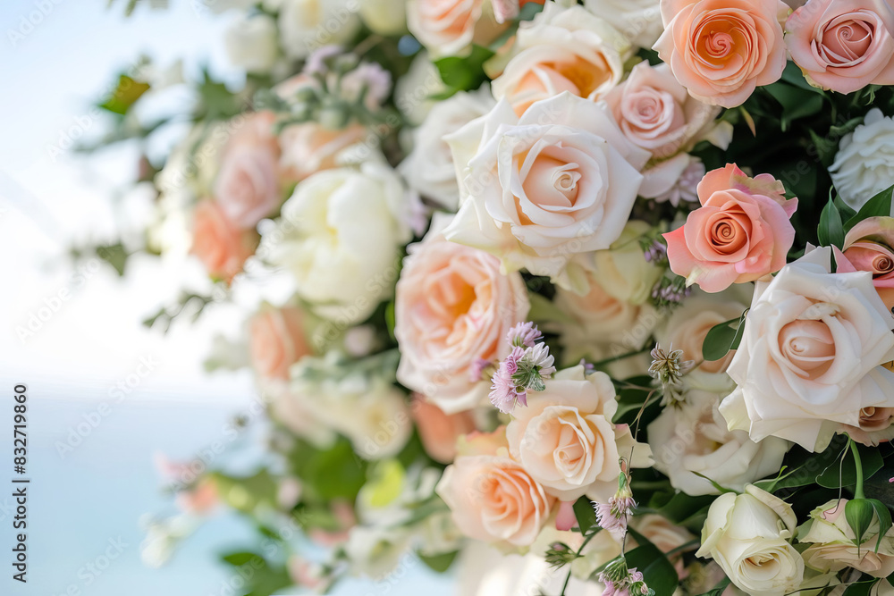 Floral backdrop for seaside wedding ceremony against a backdrop of sky and ocean waves. Floral backdrop for seaside wedding ceremony against a backdrop of sky and ocean waves.