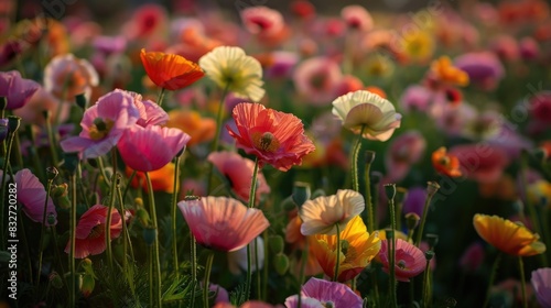 Field of Colorful Shirley Poppy Flowers photo