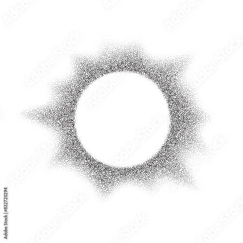 Noise round brush isolated. Grunge dotwork gradient blur circle, ring,disk. Black space shape of dots. Sand, grainy, chalk, diffuse, glitter effect. Texture brush. Vector halftone illustration
