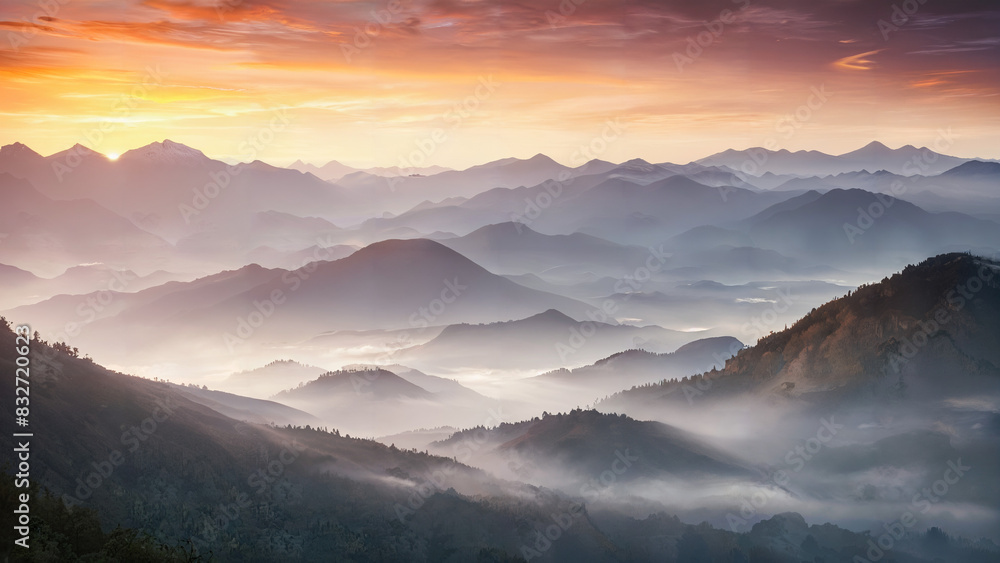 Fototapeta premium Majestic sunrise over misty mountains