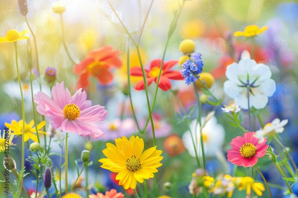 Fototapeta premium A vibrant floral background featuring a variety of colorful wildflowers in full bloom