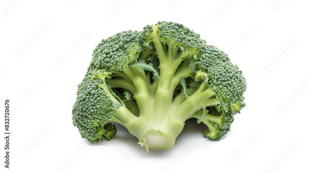 Fresh green broccoli crown isolated on white background emphasizing its crisp texture and bright color Fresh green broccoli crown isolated on white background emphasizing its crisp texture and bright color