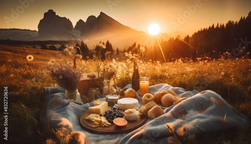 An inviting picnic scene with various cheeses, bread, fruits, and beverages, set in a beautiful field during sunset. The golden hour light enhances the warm and welcoming atmosphere.