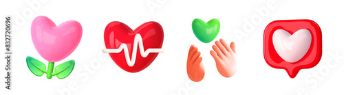 Heart and love emoji, 3d icon. Hands give heart, cardio concept, like symbol, love flower, donate. Vector elements for social media design and mobile apps