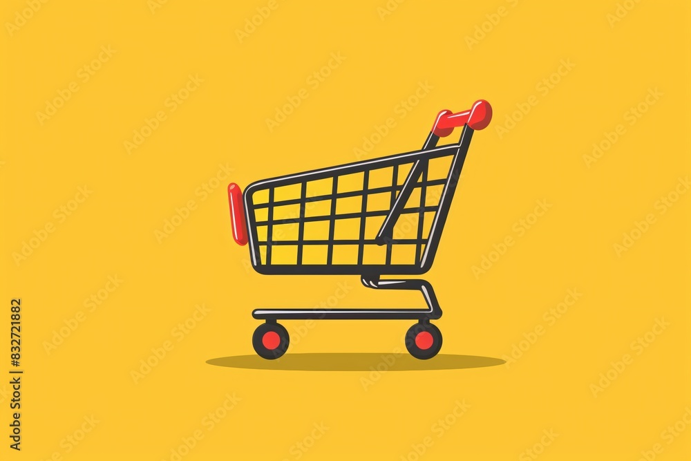 Red-handled shopping cart on yellow background Red-handled shopping cart on yellow background