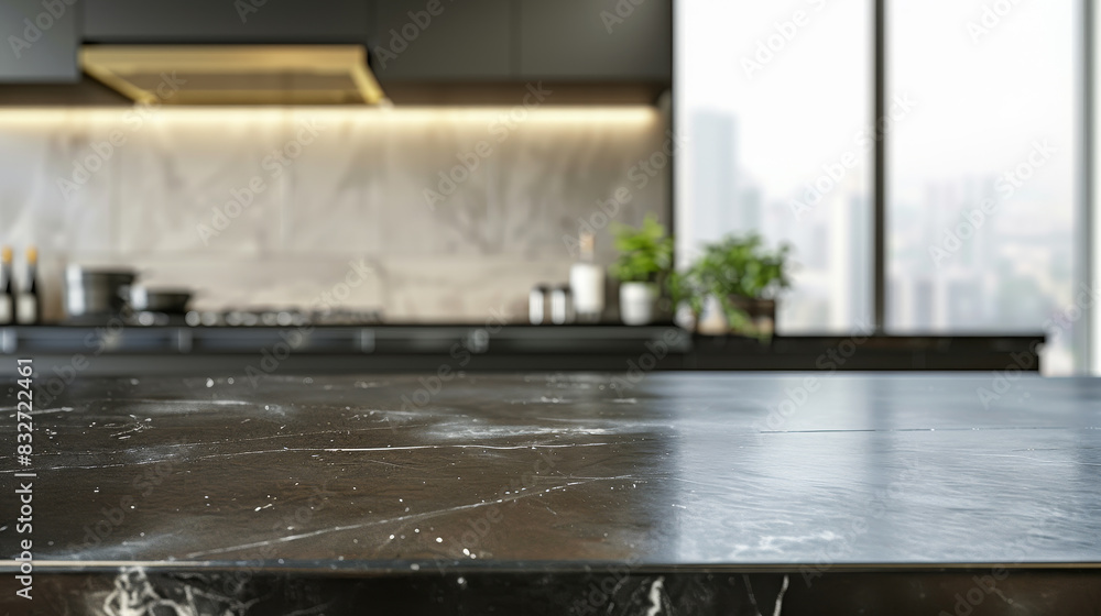 A kitchen countertop with a view of a city skyline in the background A kitchen countertop with a view of a city skyline in the background