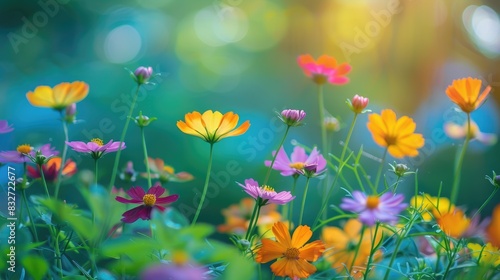 Colorful garden flowers in a green setting blurred close up Stunning botanical image for wallpaper background or screen display © 2rogan