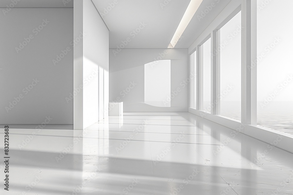 Fototapeta premium Empty room with white walls, floor, windows