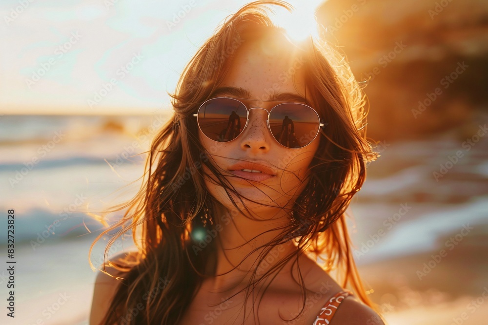 Woman in sunglasses standing beach sunset Woman in sunglasses standing beach sunset