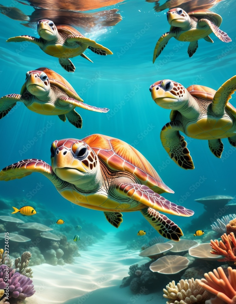 Stunning underwater scene featuring swimming sea turtles and vibrant fish amidst coral reefs. Captures the beauty of marine life and the tranquility of the ocean.. AI Generation Stunning underwater scene featuring swimming sea turtles and vibrant fish amidst coral reefs. Captures the beauty of marine life and the tranquility of the ocean.. AI Generation