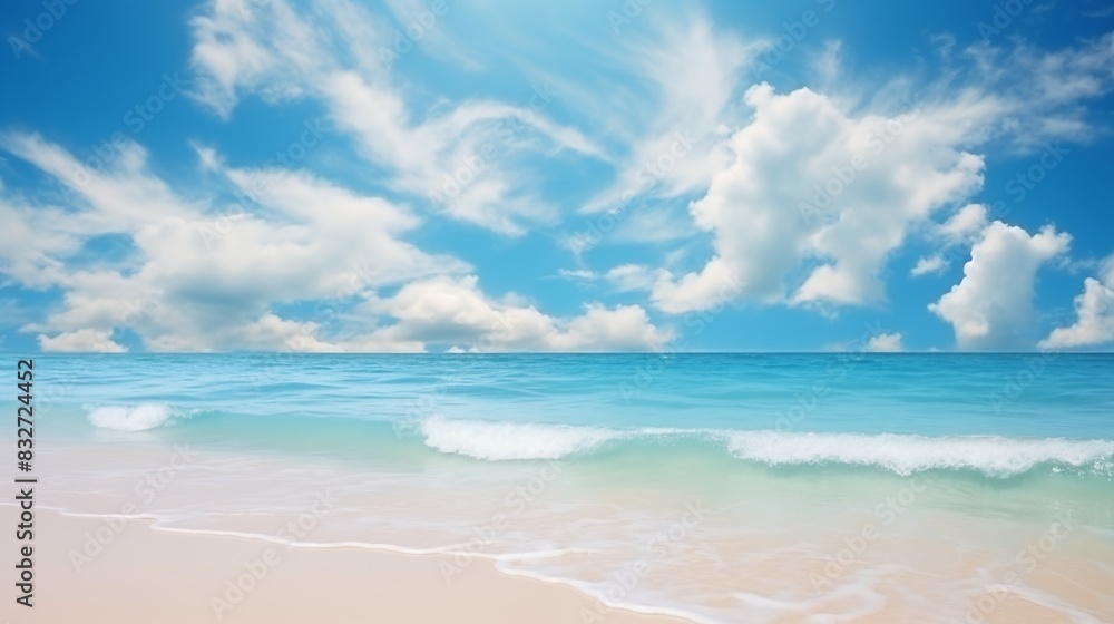 Obraz premium Scenic Beach with Clear Blue Waters, Gentle Waves, and Fluffy Clouds