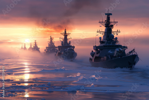 A group of large military ships are sailing in the ocean at sunset