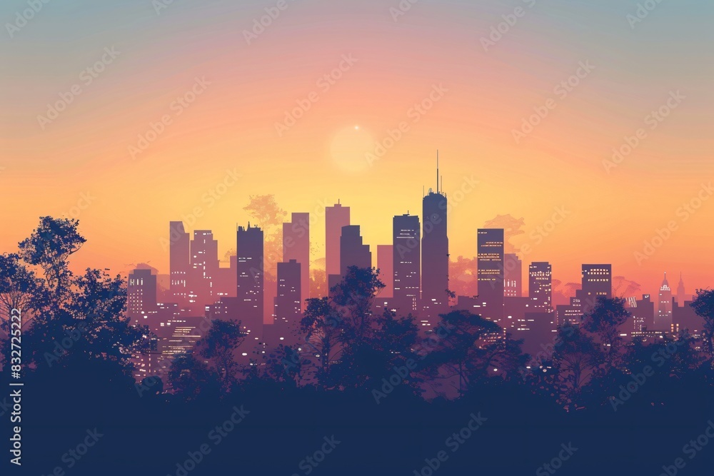 Fototapeta premium City skyline with trees at sunset