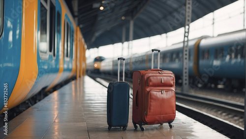 Two leather suitcases on the platform next to the train.