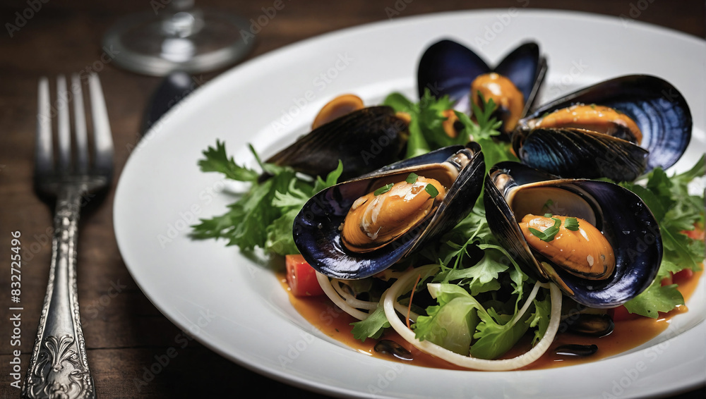 Salad of boiled mussels, shellfish and greens in a white plate.