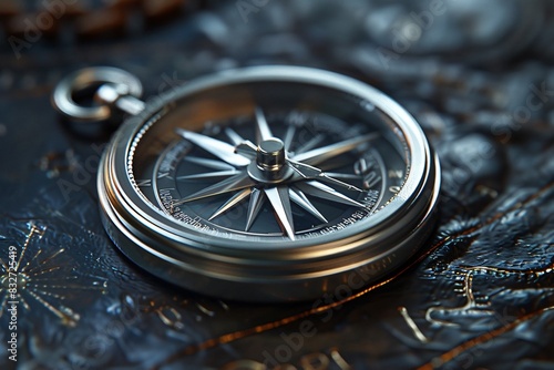 Silver compass on black leather