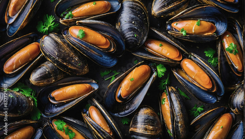 Background, layout of boiled mussels in shells.