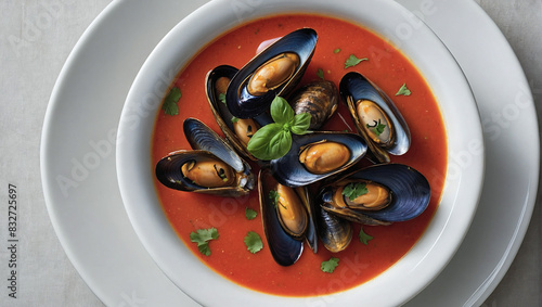 Mussels, rapana in shells in tomato sauce. photo