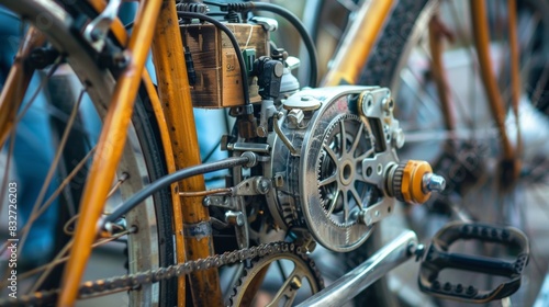 A detailed shot of the gear mechanism of a bicycle with a small generator attached and wires snaking out to power various electronic devices.