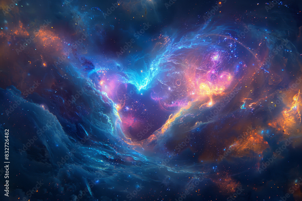 A colorful galaxy with a heart-shaped cloud in the middle A colorful galaxy with a heart-shaped cloud in the middle