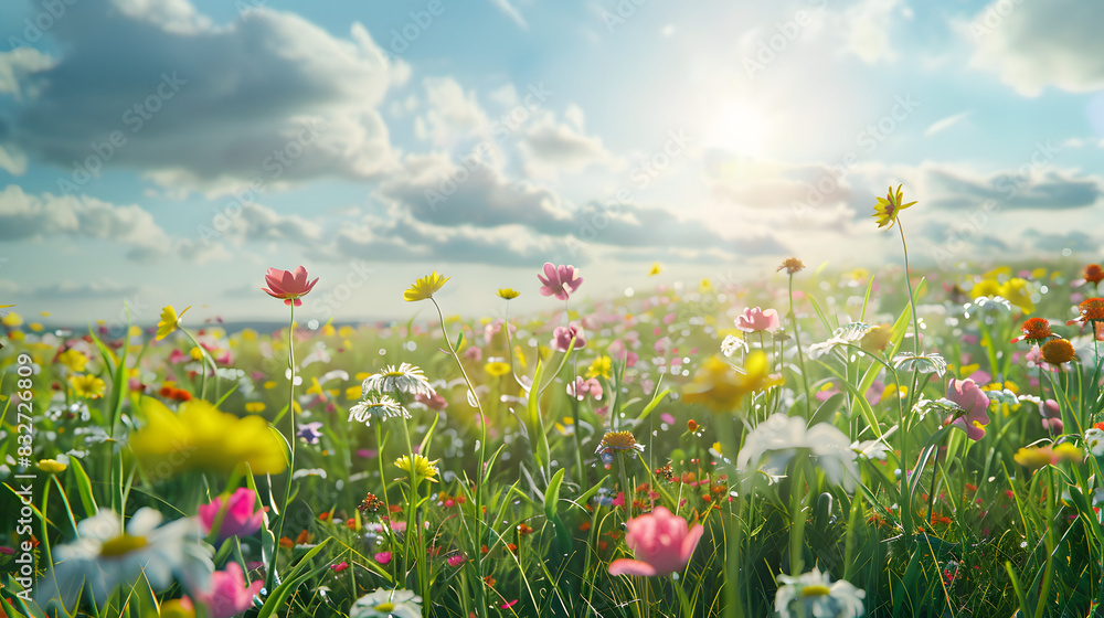 Beautiful natural spring summer landscape of a flowering meadow in a hilly area on a bright sunny day. Many flowers in a field in green grass. Small zone of sharpness. Beautiful natural spring summer landscape of a flowering meadow in a hilly area on a bright sunny day. Many flowers in a field in green grass. Small zone of sharpness.