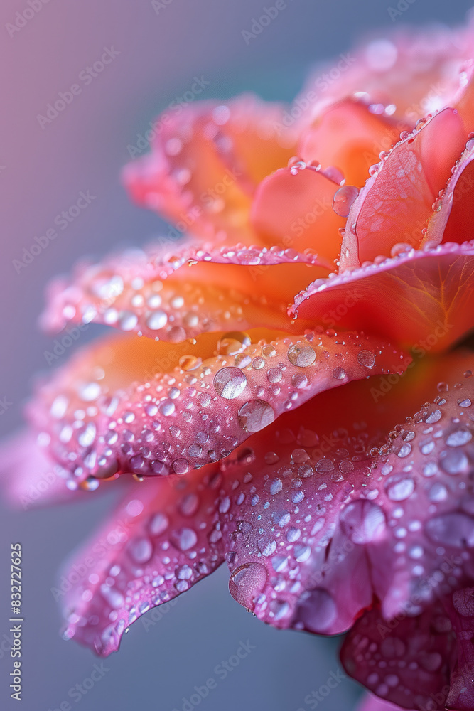 Fototapeta premium Macro image of a rose petal covered in tiny dewdrops, reflecting soft pastel colors,