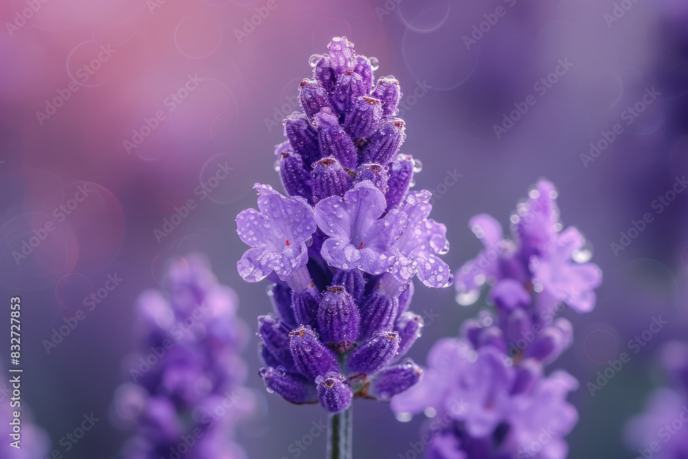Macro image of a lavender flower, with tiny dewdrops accentuating its delicate purple petals, Macro image of a lavender flower, with tiny dewdrops accentuating its delicate purple petals,
