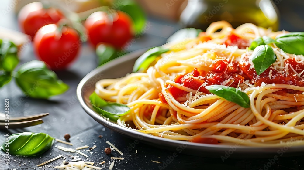 Homemade Italian spaghetti with a rich tomato sauce, fresh basil, and grated Parmesan cheese. Classic Italian dish served on a dark table with a rustic background. Homemade Italian spaghetti with a rich tomato sauce, fresh basil, and grated Parmesan cheese. Classic Italian dish served on a dark table with a rustic background.
