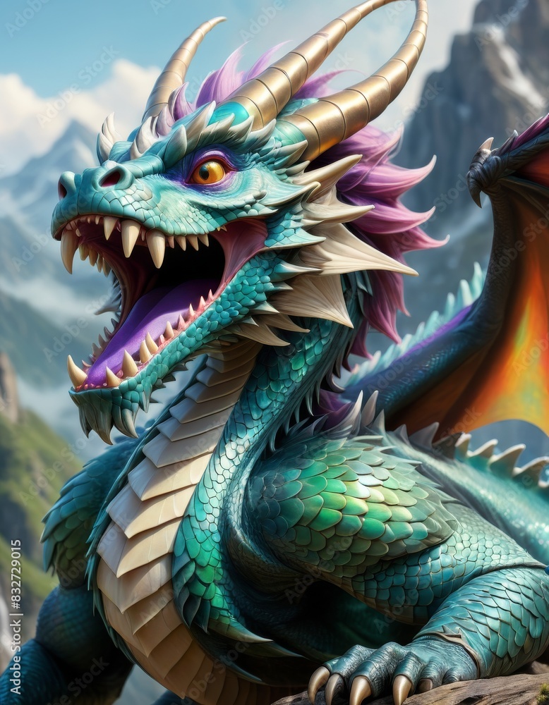 A magnificent fantasy dragon with vivid scales and piercing eyes stands against a backdrop of lush, mountainous terrain. The dragon's fierce expression and intricate details make it a captivating and A magnificent fantasy dragon with vivid scales and piercing eyes stands against a backdrop of lush, mountainous terrain. The dragon's fierce expression and intricate details make it a captivating and
