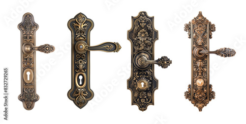 Set of vintage ornate door handles Ideal for antique and restoration projects.Door handles, design elements for interior, isolated on transparent background