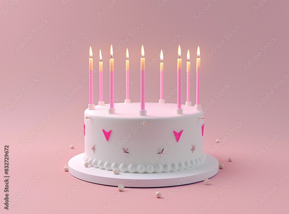 3d cartoon style, minimalism, white birthday cake with candles on pink ...