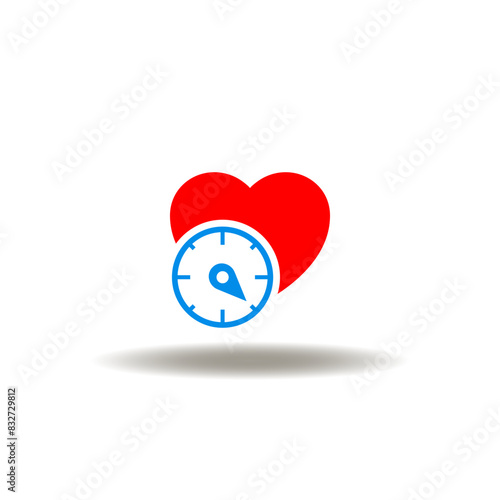 Vector illustration of heart and blood pressure meter or indicator. Icon of hypertension.
