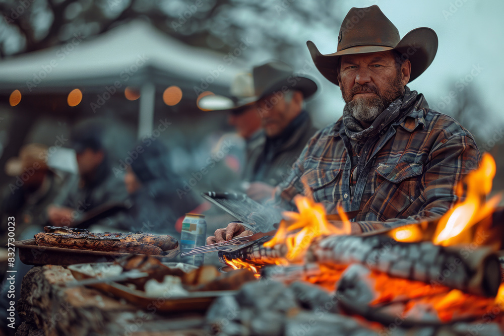 Fototapeta premium A ranch cookout with cowboys grilling over an open fire and enjoying the evening together,