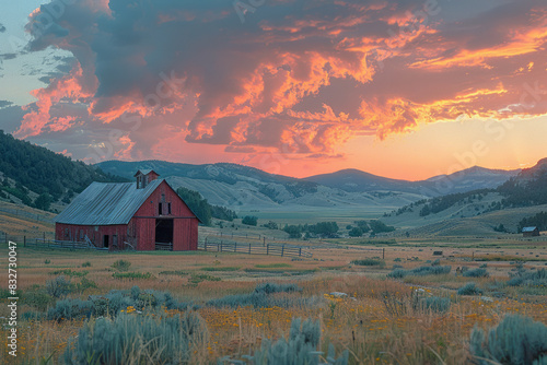 A ranch scene at dusk, with the sky painted in hues of orange and pink as the sun sets,