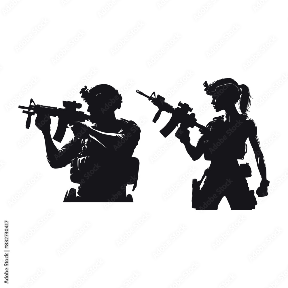 Naklejka premium Vector soldiers with guns and backpacks silhouette design template illustration