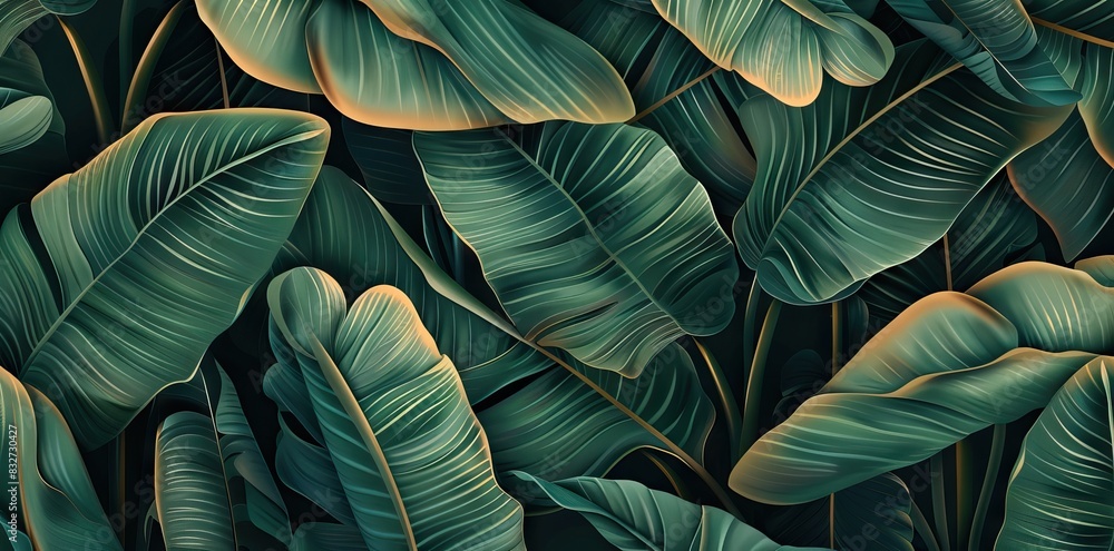custom made wallpaper toronto digital3D render of a seamless pattern with banana leaves in green and brown colors on a black background. AI generated illustration
