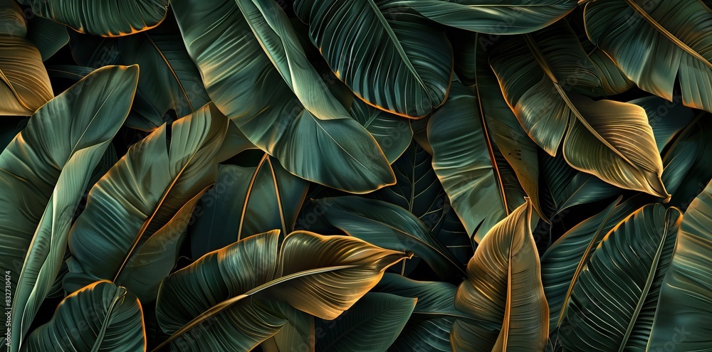 custom made wallpaper toronto digital3D render of a seamless pattern with banana leaves in green and brown colors on a black background. AI generated illustration
