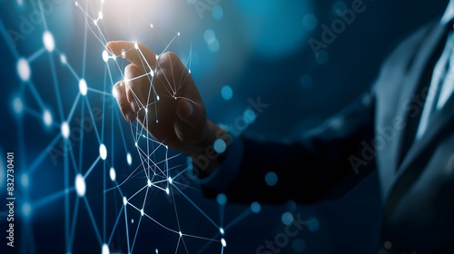 A hand is pointing at a network of people. Concept of social connections and the importance of human interaction