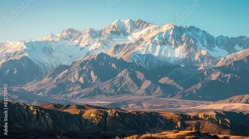 A mountain range with a rocky field in the foreground photo