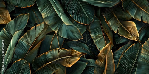 Wallpaper Mural 3D render of a seamless pattern with banana leaves in green and brown colors on a black background. AI generated illustration Torontodigital.ca