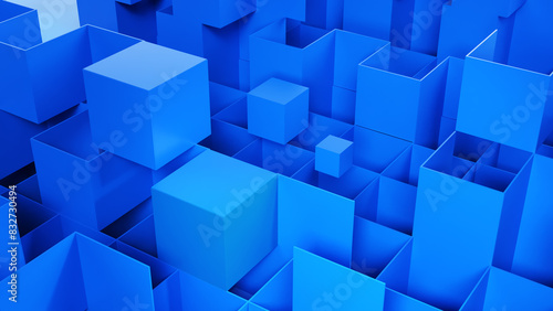 Cubos con fondo geométrico azul, diseño minimalista. Render 3d abstracto.