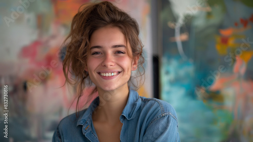 Uma jovem alegre com cabelos desgrenhados e uma camisa jeans sorri radiantemente contra um cenário de pinturas vibrantes photo