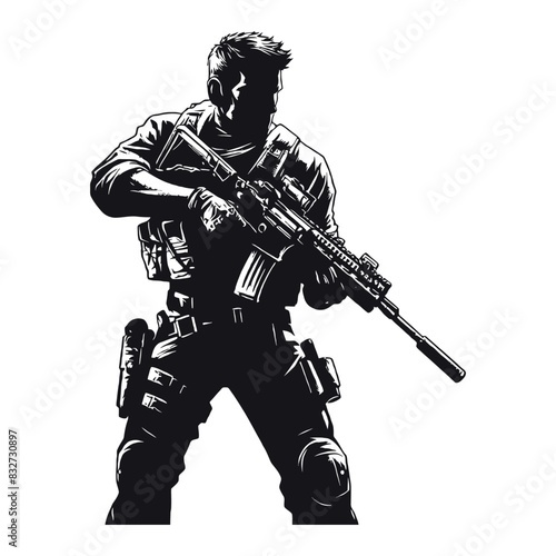 Vector soldiers with guns and backpacks silhouette design template illustration