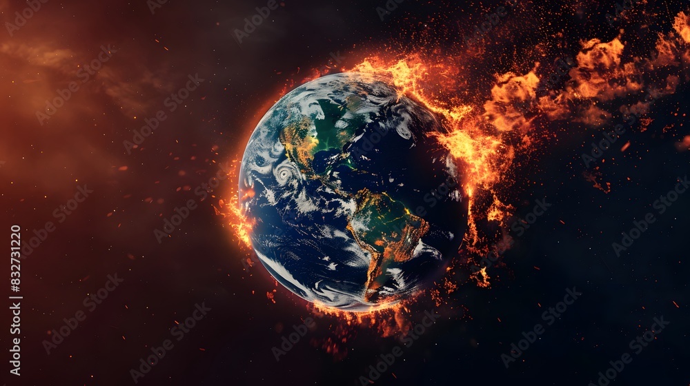 Fototapeta premium Earth burning in space, global warming