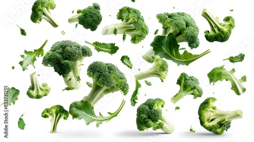 Broccoli falling from the air on white background. 
