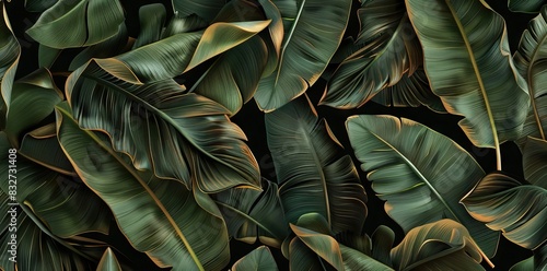 Wallpaper Mural 3D render of a seamless pattern with banana leaves in green and brown colors on a black background. AI generated illustration Torontodigital.ca