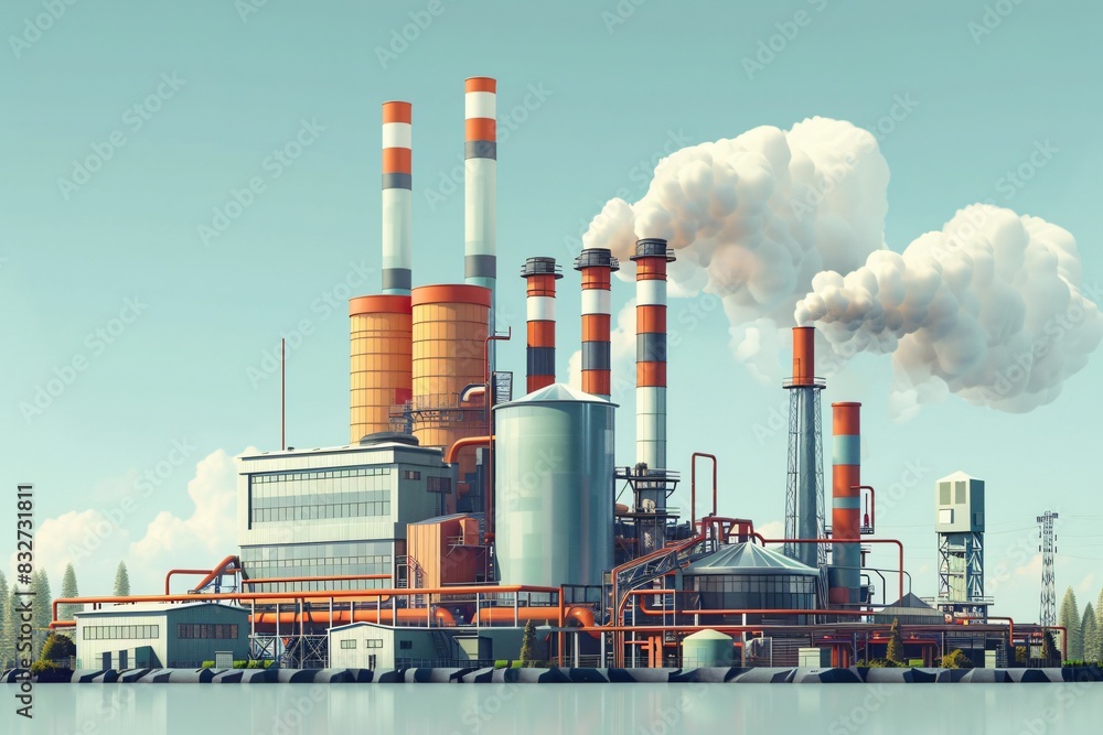 Obraz premium Factory with smokestacks and pipelines by a lake